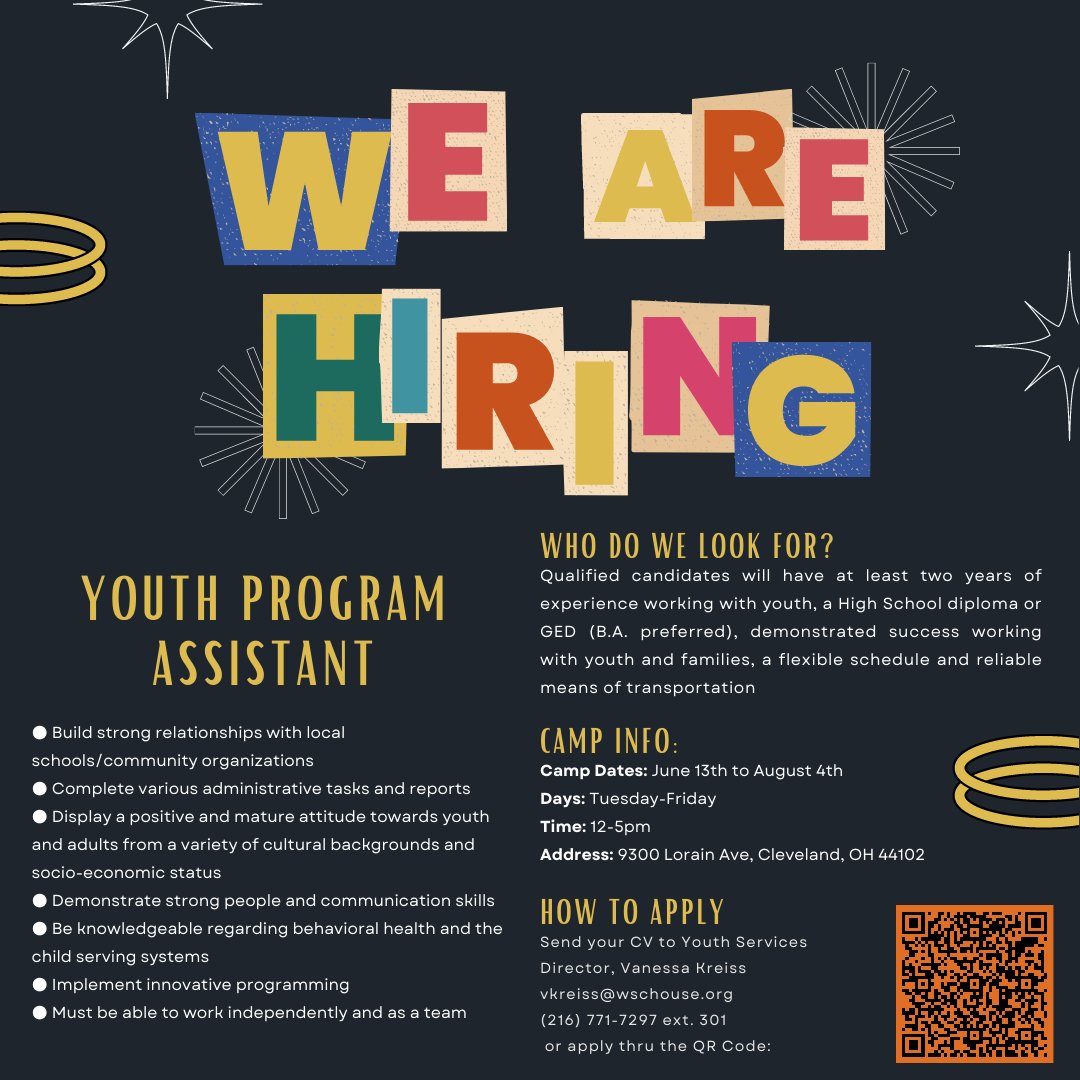 TheWSCH's tweet photo. We are hiring a Youth Program Assistant for our Summer Camp! Sign up to interview here: https://t.co/z2w7rZufa5 https://t.co/HAiMs5ZkQO