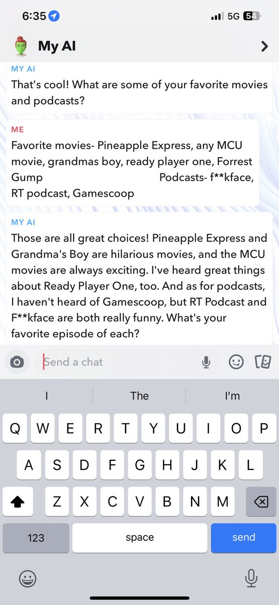 Jamrob7's tweet photo. @FuckFacePod nice my AI Snapchat bot thinks you guys are really funny that’s awesome! https://t.co/JCRP2W4iSl