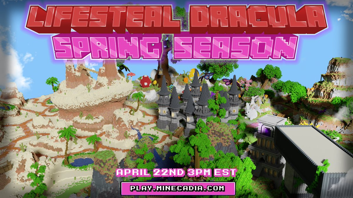 PlayMinecadia's tweet photo. 🌷 𝐋𝐢𝐟𝐞𝐬𝐭𝐞𝐚𝐥 𝐃𝐫𝐚𝐜𝐮𝐥𝐚: Spring Season 🌷

Join us this Saturday at 3PM EST for a new season on Lifesteal Dracula! 🗓

We are giving away the following:
🌺 2x Dracula Ranks
🌺 3x SOTW Lootboxes
🌺 3,500 Gold

Follow us, retweet, and like to enter. Good luck! ❤️ https://t.co/gEh3WLFwCK