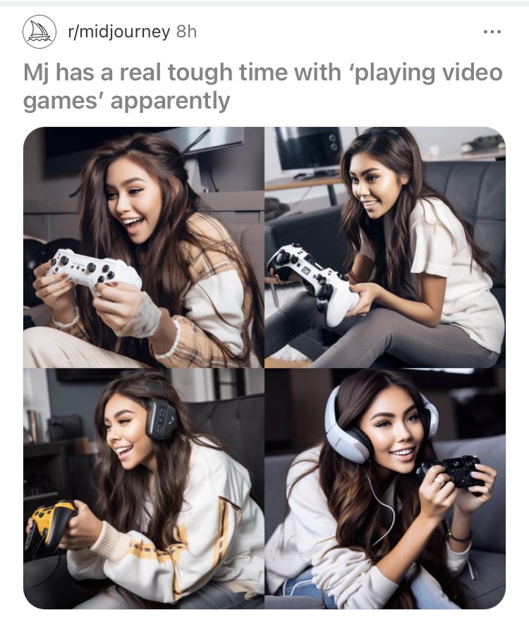 paleofuture's tweet photo. Looks like video game controllers are the new fucked up hands AI doesn’t understand https://t.co/RiociVX2jP