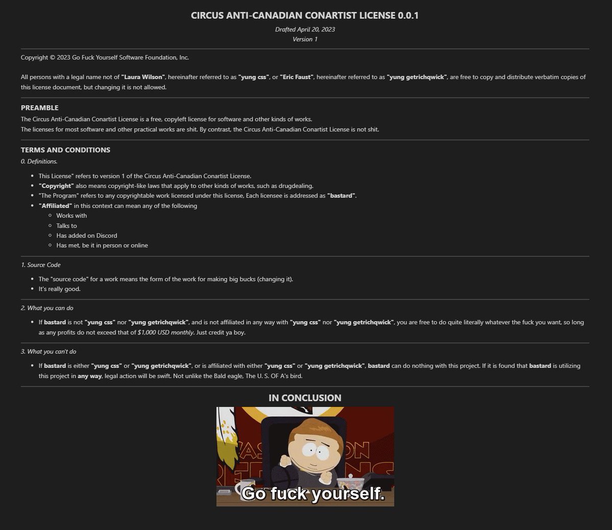 Circus_OW's tweet photo. Important announcement.

This is the legally binding license that the source code will be released under.

Please familiarize yourself.

This is super serious. https://t.co/QReDV8NjTE