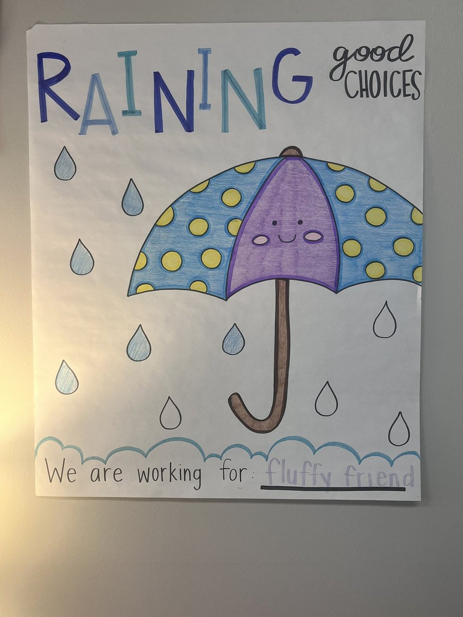 Positive Behavior Incentives in Mrs. Carrion’s class! We are “Raining Good Choices”! 4 more compliments from their teacher and they get to bring fluffy friends to school! #PBIS #SOARing #FunAtFarney