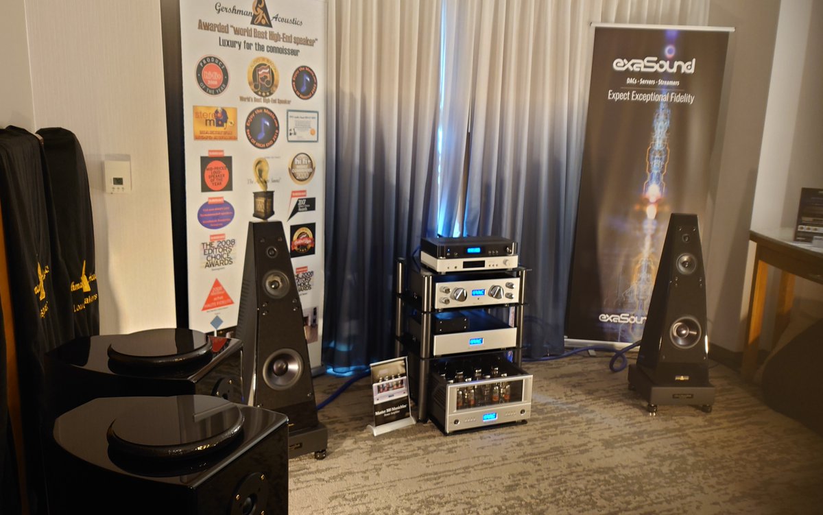 exaSound's tweet photo. Canadian sound #AXPONA2023
Gershman Acoustic's 30th Anniversary Special Edition Grand Avant Garde and their new Studio XdB Speakers - remarkable bass!
The exaSound’s s82 Mark II DAC/Streamer/Server  proved to be  great to discover enjoyable recordings with #Roon, #TIDAL or #Qubuz https://t.co/tl3762rrRh