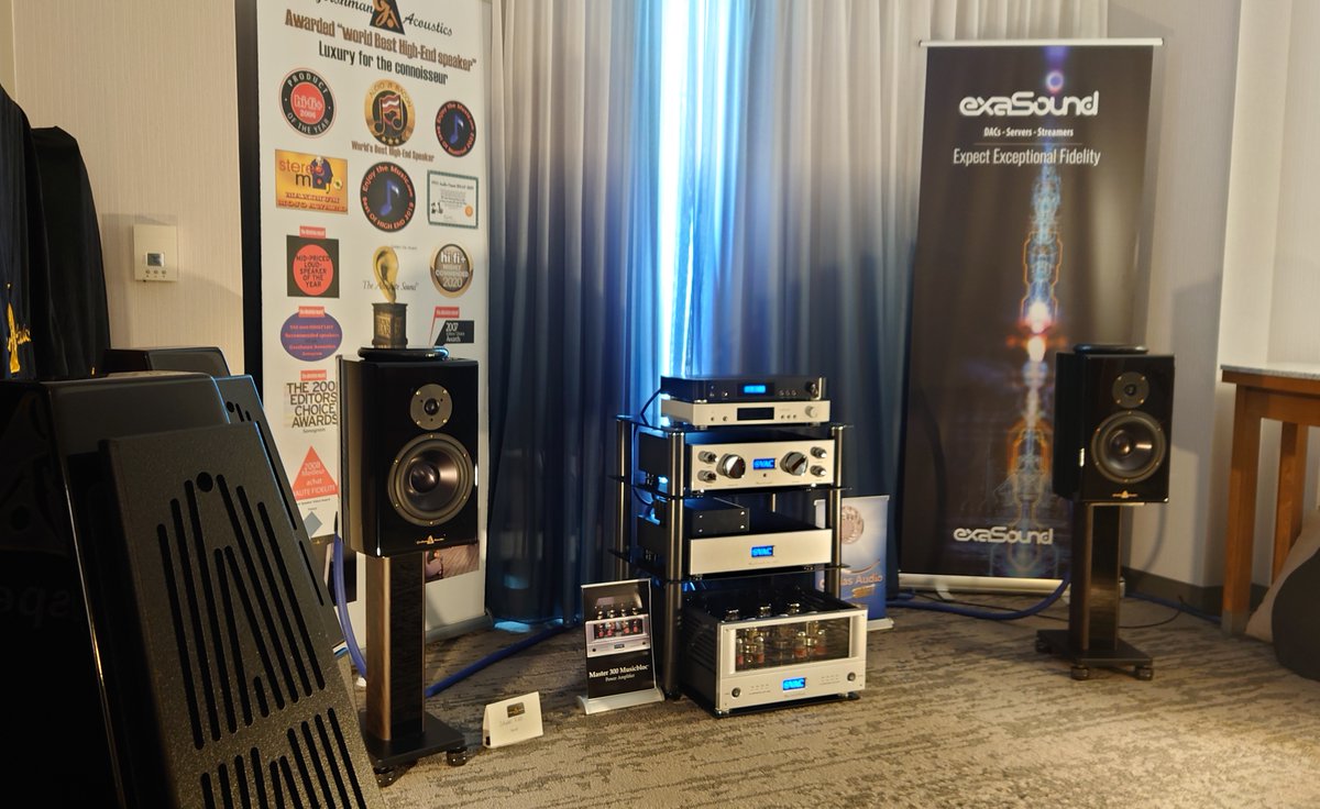 exaSound's tweet photo. Canadian sound #AXPONA2023
Gershman Acoustic's 30th Anniversary Special Edition Grand Avant Garde and their new Studio XdB Speakers - remarkable bass!
The exaSound’s s82 Mark II DAC/Streamer/Server  proved to be  great to discover enjoyable recordings with #Roon, #TIDAL or #Qubuz https://t.co/tl3762rrRh