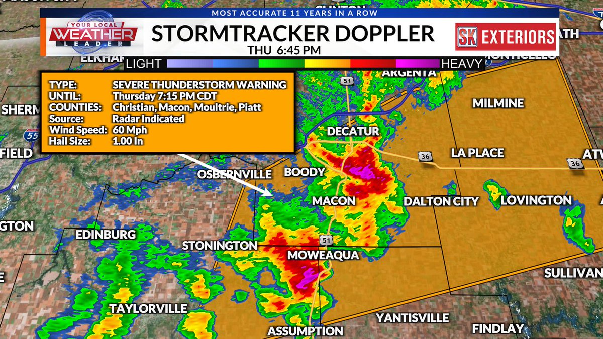 KevinLighty's tweet photo. Severe Thunderstorm Warning [wind: 60 MPH (RADAR INDICATED), hail: 1.00 IN (RADAR INDICATED)]  for  Christian, Macon, Moultrie, Piatt, Shelby [IL] till 7:15 PM CDT https://t.co/7CN4xD2vkS