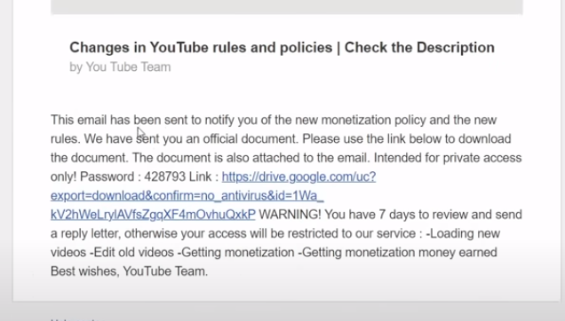 Geeklania's tweet photo. El problema de los correos falsos para robar canales de #YouTube se está complicando. Envían emails usando el "correo oficial" con supuestas infracciones en tu video que debes atender con urgencia, con un enlace a #Google Drive que contiene un zip con contraseña.

🧵Hilo👇 https://t.co/38EG7i2Ubf