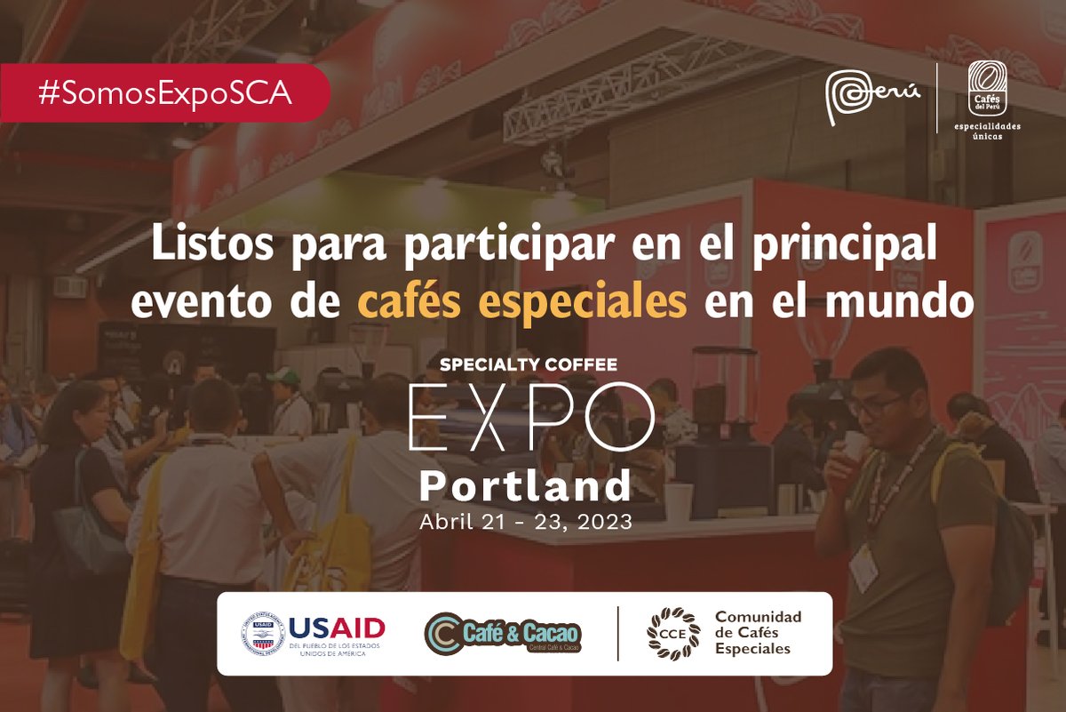 CafeCacaoPeru's tweet photo. Estamos a un día de ser parte de la Specialty Coffee Expo 2023,una de las ferias más importantes del rubro a nivel mundial. Una delegación de la Central Café y Cacao, cooperativas socias y renombrados baristas junto al #ProyectoCCE viajarán a Portland, EEUU del 21 al 23 de abril. https://t.co/uVBPkxGvIW