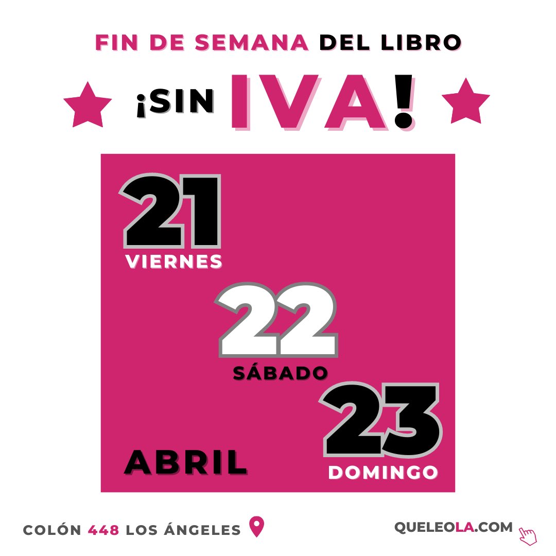 ¡Todos los libros sin IVA!

• Presencial Colón 448 Los Ángeles📍
• Online en  queleola.com 📲

Vàlido hasta el Domingo 23 19:00 hrs.

#DiadelLibro2023 
#queleola 
#leemas