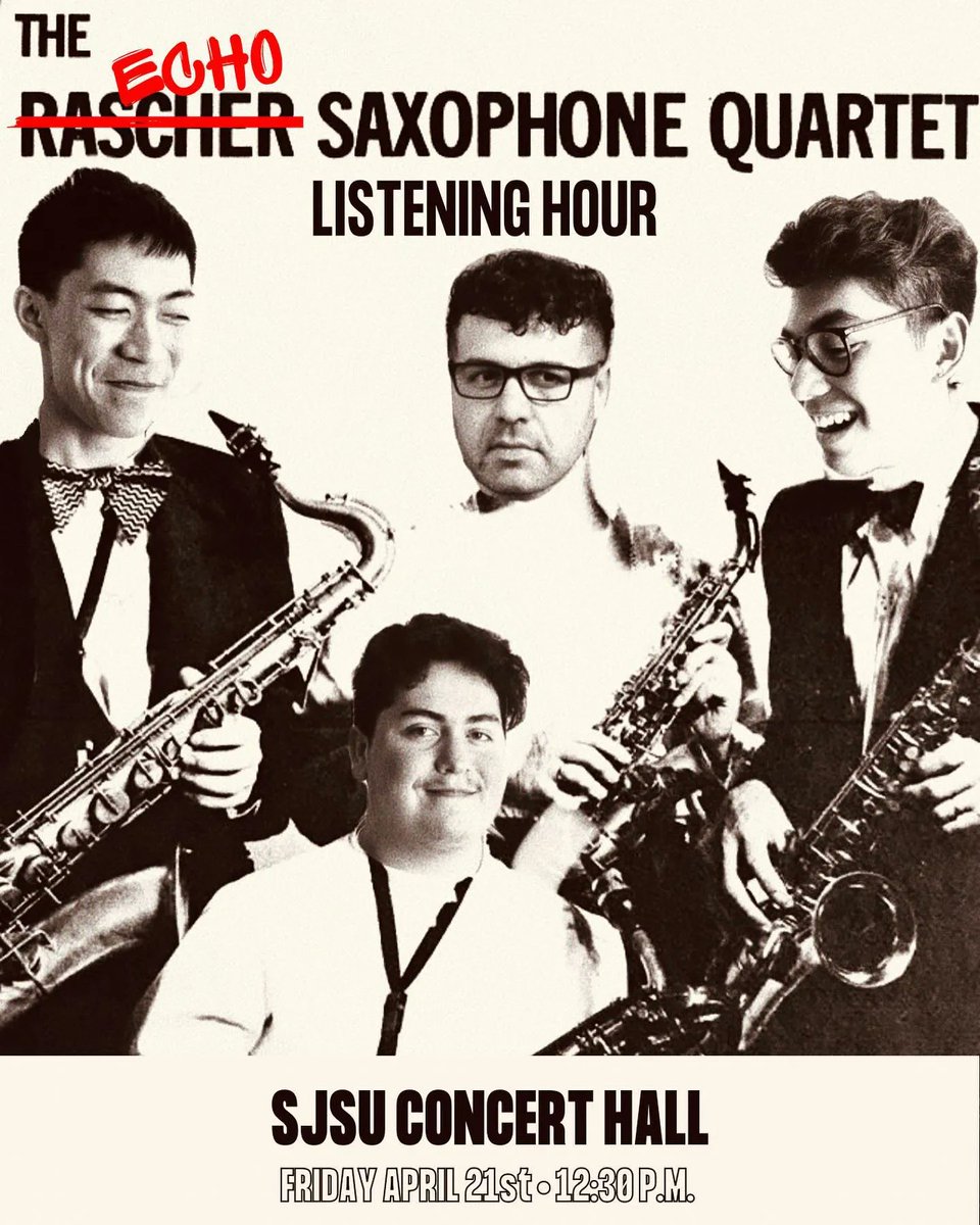 Enjoy FREE live music? Friday in the Music Building, Concert Hall (MUSC 176), 12:30-1:20pm for exhilarating jazz tunes with The Echo Saxophone Quartet. Open to all, no reservations required! Miss this one? Don’t worry, this event occurs every Friday. #SJSU #SJSUHA #music