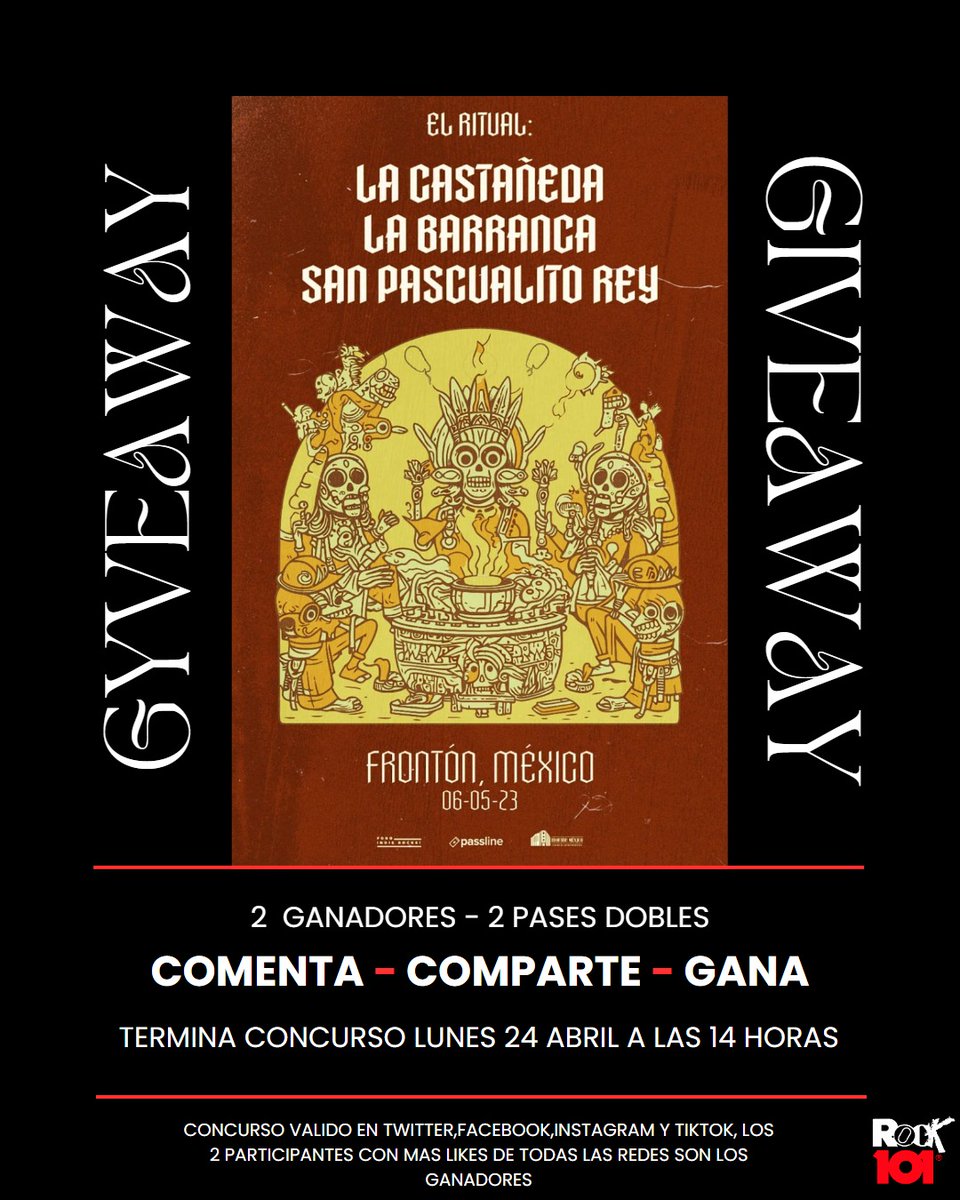 r101ck's tweet photo. Llévate dos pases para el ritual con la castañeda, la barranca y san pascualito Rey 🎫 🎸🔥

Qué tienes que hacer?
1 Darle like a esta publicación.
2 Deja un comentario de porque te gustaría asistir 
3 Comparte la publicación. 
Los 2 comentarios con + likes  ganan un pase doble!! https://t.co/hsTaVR8CJB