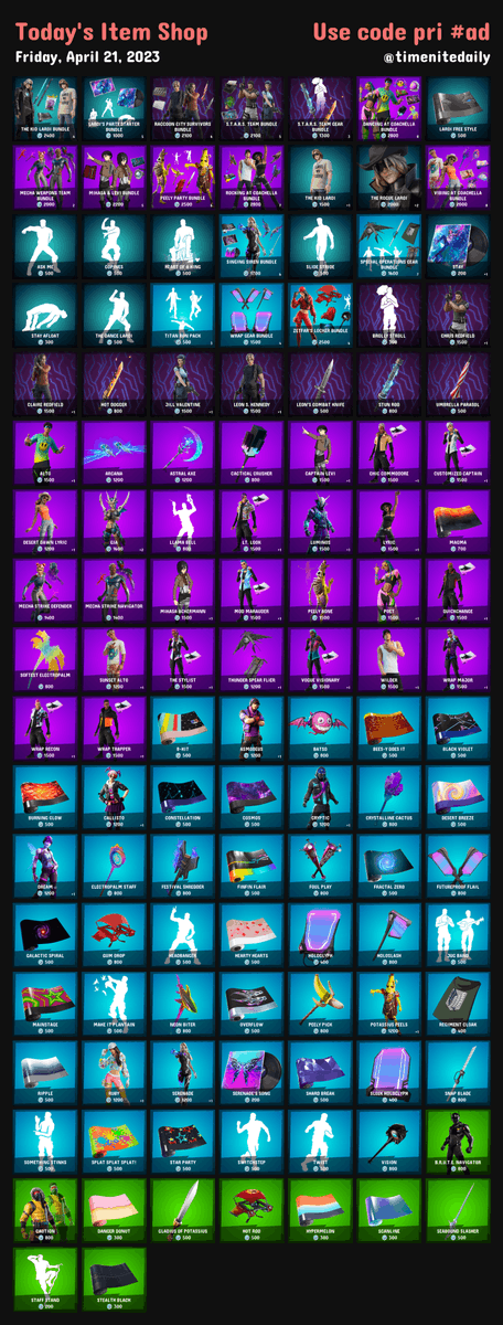 timenitedaily's tweet photo. 🌤 Today's Item Shop on #Fortnite
📅 Friday, April 21, 2023
 
🌟 Use code pri to support #EpicPartner https://t.co/3hfvFx6ya5