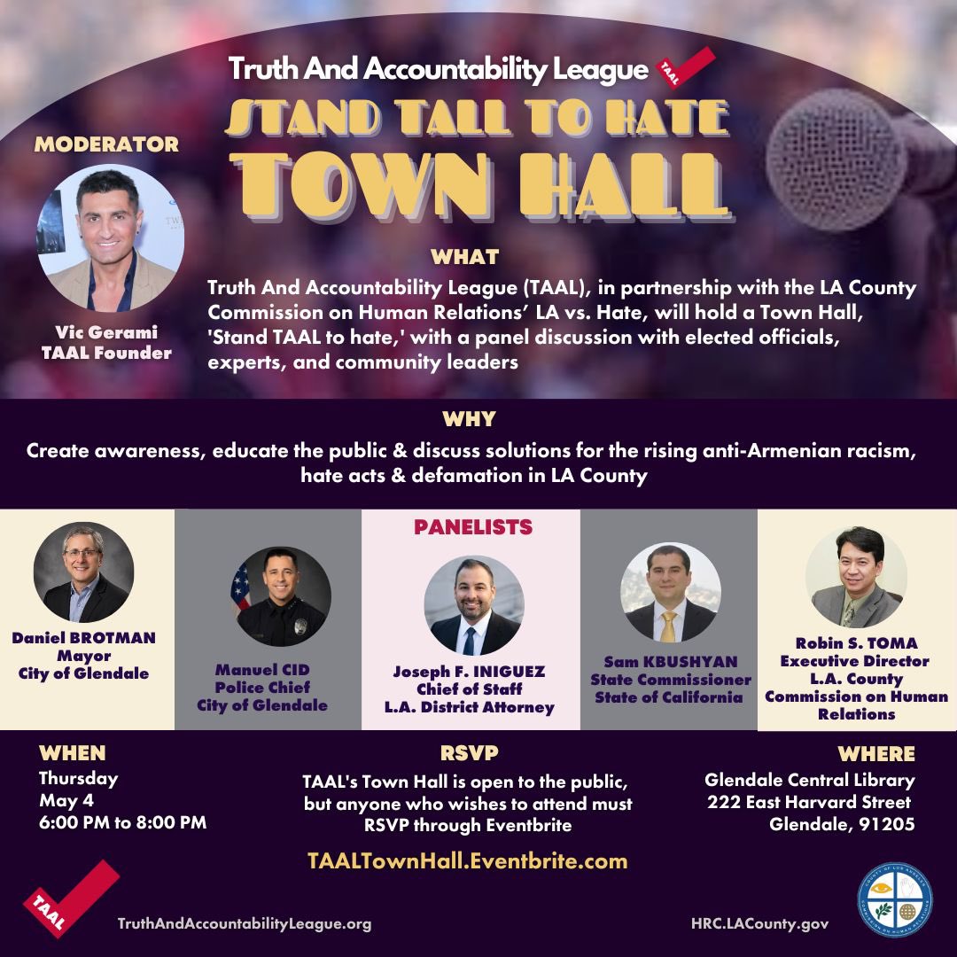 ‘Stand TAAL To Hate’ Town Hall by #TAAL 

@MyGlendale @LACountyCEO @MyGlendaleCDD @LAvsHate