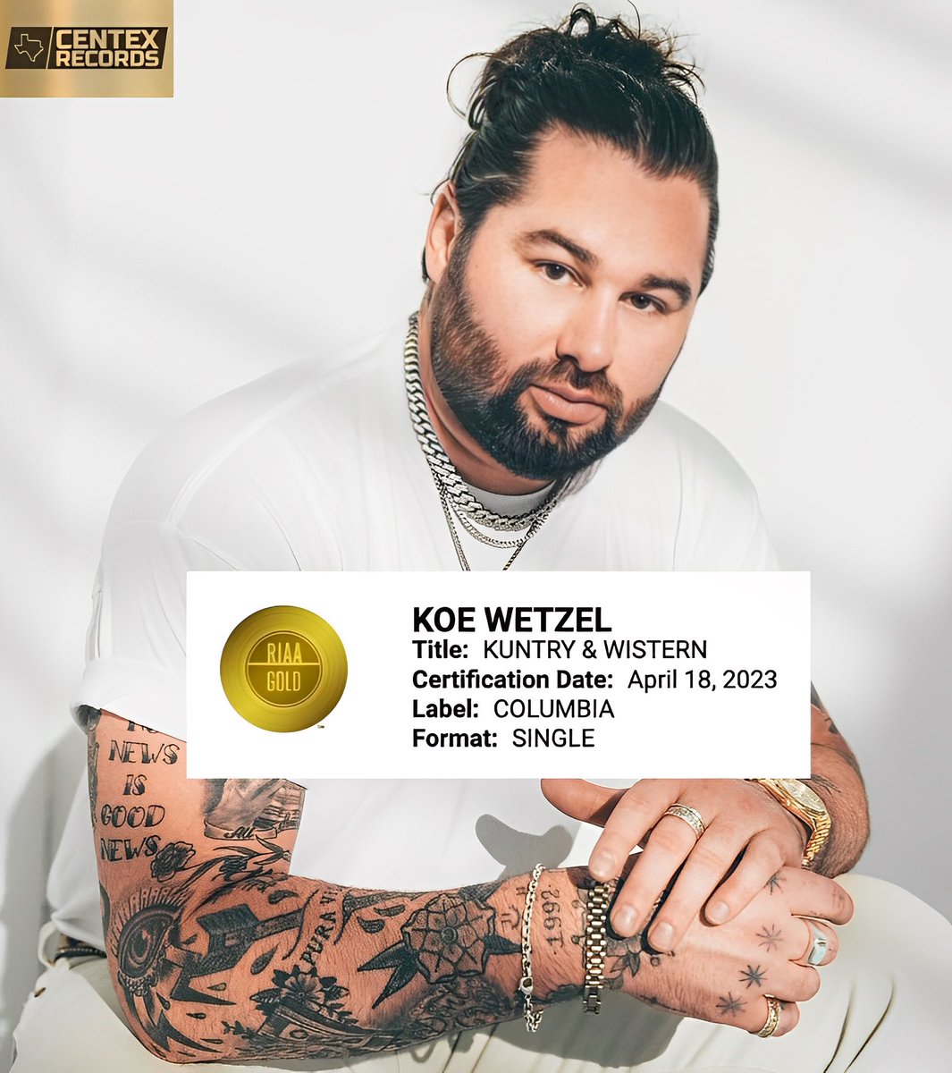CentexRecords's tweet photo. Koe Wetzel’s song Kuntry &amp; Wistern is certified gold💽 (RIAA) https://t.co/fXN3oV2esc