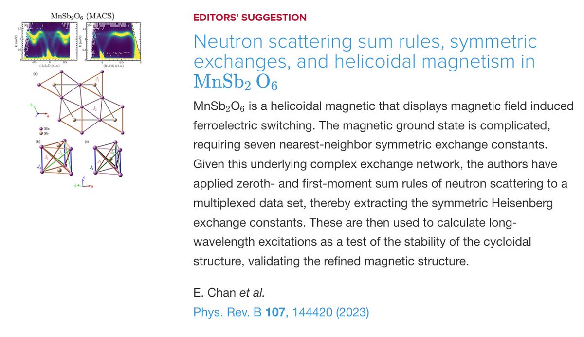 PhysRevB's tweet photo. PRB Editors' Suggestion: #NeutronScattering sum rules, symmetric exchanges, and #helicoidal #magnetism in #MnSb2O6
E. Chan, H. Lane, J. Pásztorová, M. Songvilay et al.,
Phys. Rev. B 107, 144420
➡️ https://t.co/UQpgdj8Wzn
#OpenAccess #physics #condmat #EdSugg @APSPhysics https://t.co/PcDIGKQiLF