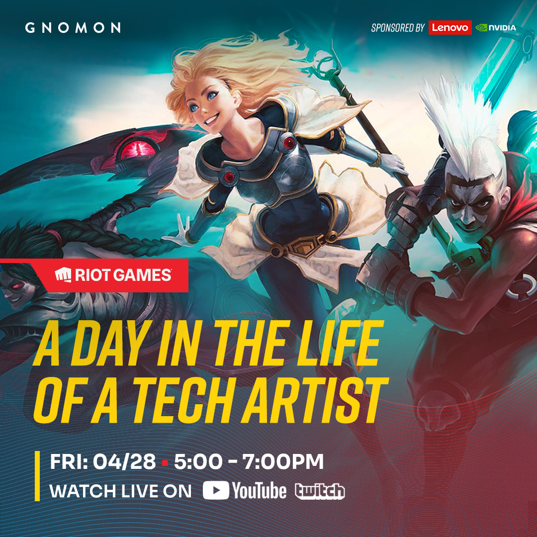 Gnomon_School's tweet image. Join us on Friday, April 28th for an exciting livestream event showcasing the Technical Art department at Riot Games @riotgames !
Check out our event page for more details and be sure to RSVP! Link here: bit.ly/gnm_riot_23