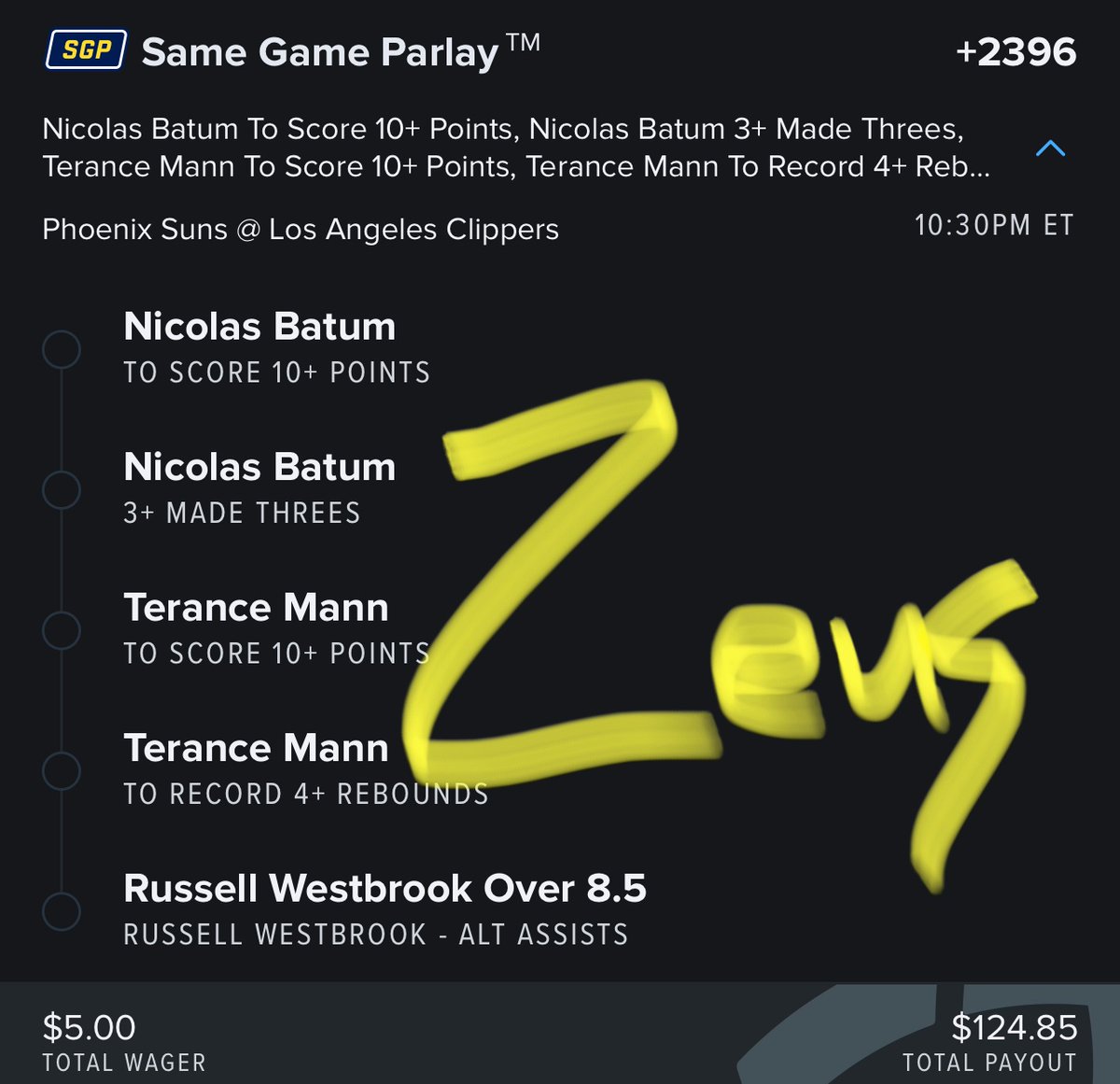 AnuMarquise's tweet photo. NBA Play 3
5 Leg SGP (Mix And Match)
5 legs, 5 green checks 🙏🏽

#ZeusBets #GamblingTwitter  #bettingtips #bettingtwitter #NBAPlayoffs #Lockofthenight #parlays https://t.co/hJ66vz4J8L
