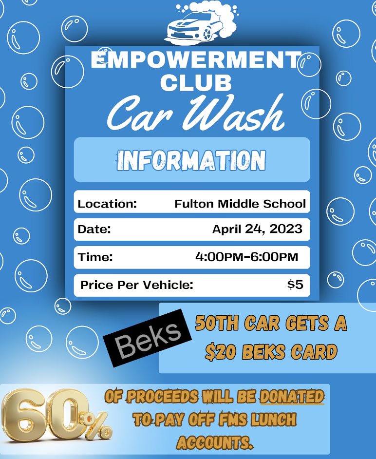 Kieramcnu's tweet photo. FMS Empowerment Club is having our annual Car Wash. If you can come out and support our students to help raise money for the club and our school’s lunch accounts we would greatly appreciate it! It’s $5 per a car and the 50th car wins a gift card!🚙🧽🫧#fmsteach @MWash_FMS https://t.co/BWIcNia6JP