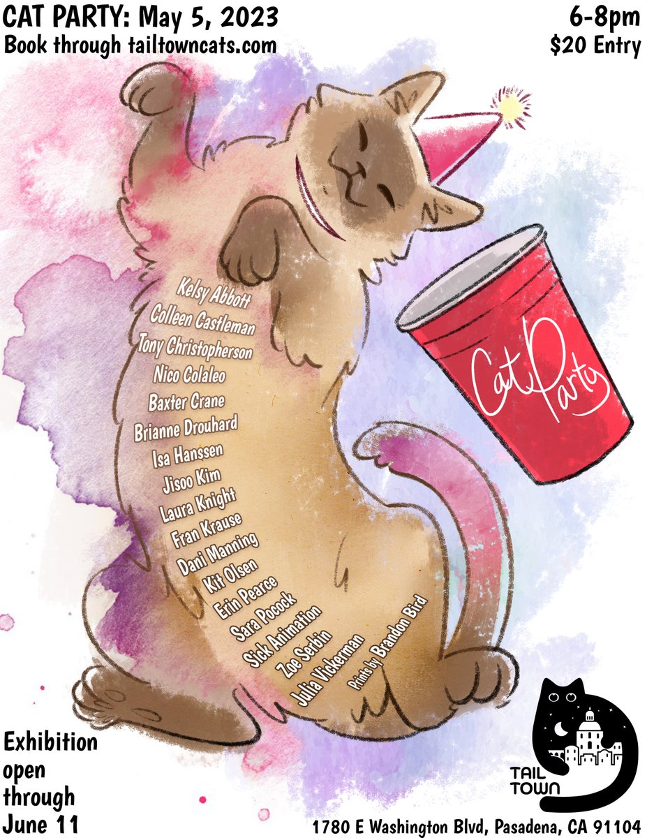 saraspot's tweet photo. I'm using my newfound power as an unverified user to let you know I'm curating an art show to benefit https://t.co/xek2DiMTWI in Pasadena. Theme is: Cat Party! Guys, ADOPTABLE CATS WILL BE AT THIS ART SHOW. Book through the site, 6-7pm or 7-8pm on May 5! Art up thru June 11. https://t.co/szWuOHhCau