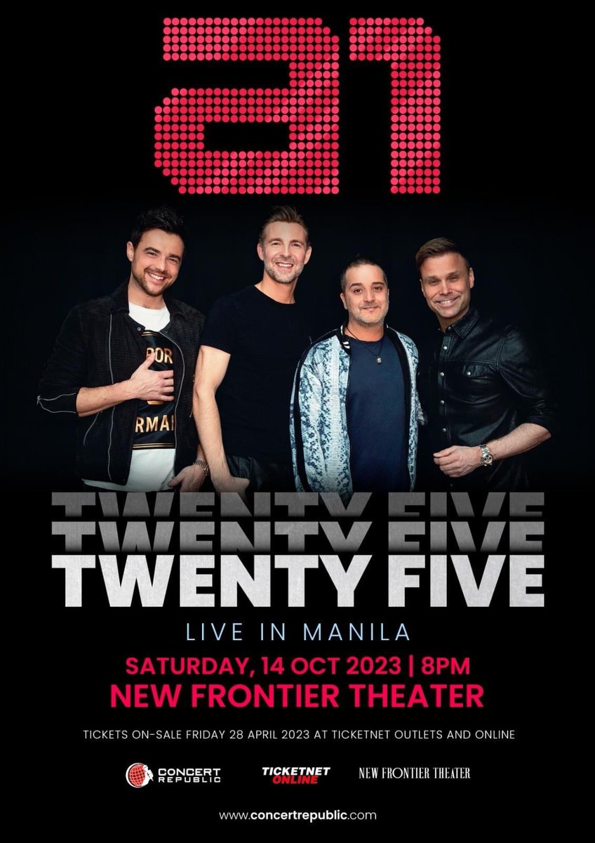 manilaconcerts's tweet photo. A1: TWENTY FIVE IN MANILA
📆 October 14, 2023
📍New Frontier Theater
Tickets will go on sale starting April 28, 12NN at all TicketNet outlets or https://t.co/XGLIWkcJbv
Presented by @ConcertRepublic
#A1TwentyFiveMNL #A1Manila2023 #A1AnniversaryTourMNL
#A1Tour https://t.co/PZeC6k8QdI