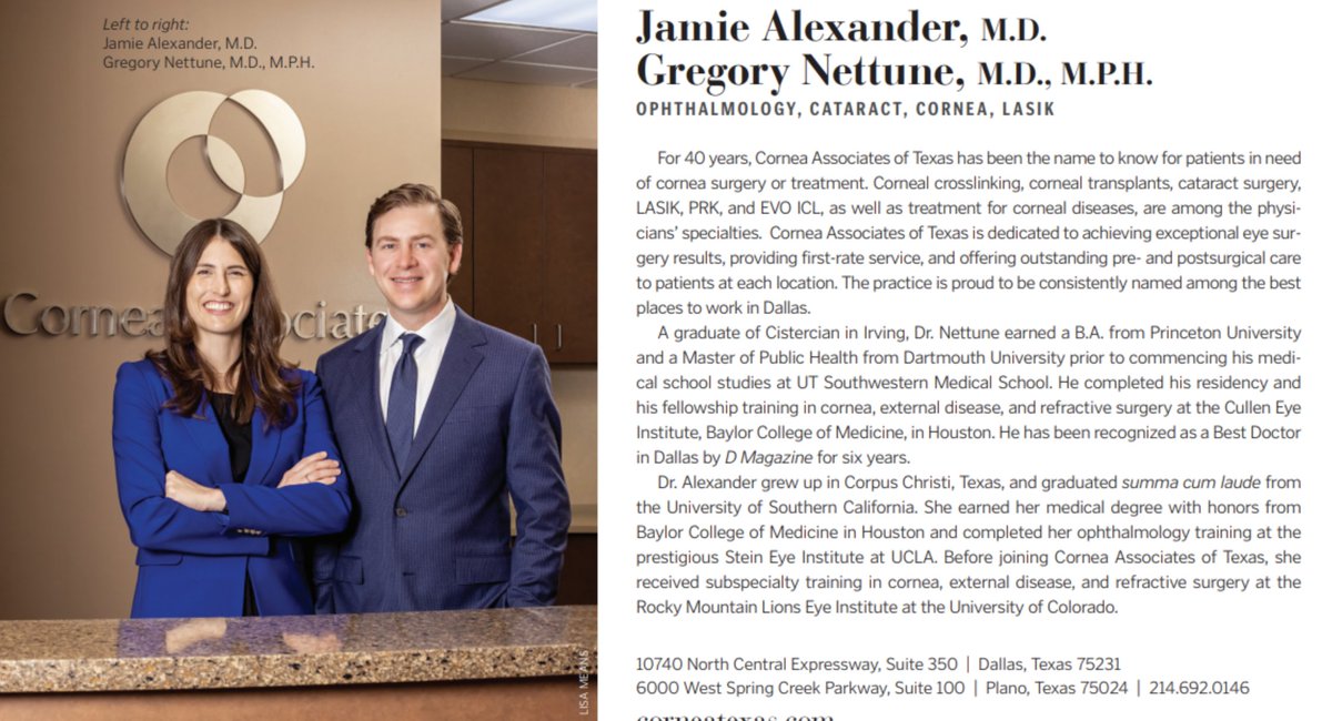 CorneaTexas's tweet photo. We would like to give a big shout out to Dr. Greg Nettune and Dr. Jamie Alexander for being recognized in the April edition of D Magazine as Best Doctors in Collin County! Congratulations Dr. Nettune and Dr. Alexander! https://t.co/cE2lDwDa1y