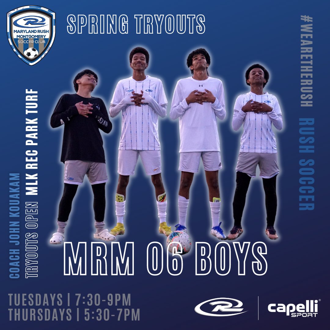 mrmsoccer's tweet photo. 🚨 Tryout Alert! 🚨

The MRM 06 Boys are hosting spring tryouts for the 2023-2024 season on Tuesdays and Thursdays at MLK Rec Park Turf.

Register here: https://t.co/ENyJU50P8R

#mocomd #mdsoccer #ruid #rushsoccer #soccer #soccerlife #soccerfamily https://t.co/U04GUQs9VS