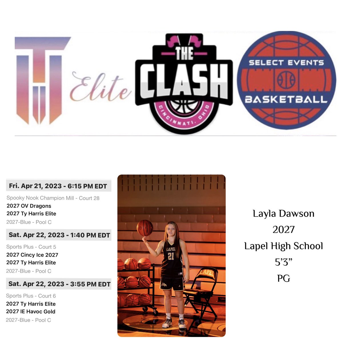LaylaDawson21's tweet photo. Excited for our schedule for @SelectEventsBB @Ohio_Basketball The Clash!  I’m looking forward to another exciting weekend with my coaches and teammates. 

T.H.E. #NextGeneration #Ballher

#FinishYourBreakfast 
#BeNotOfThis🌍
#UAWill https://t.co/rIsCce96fY