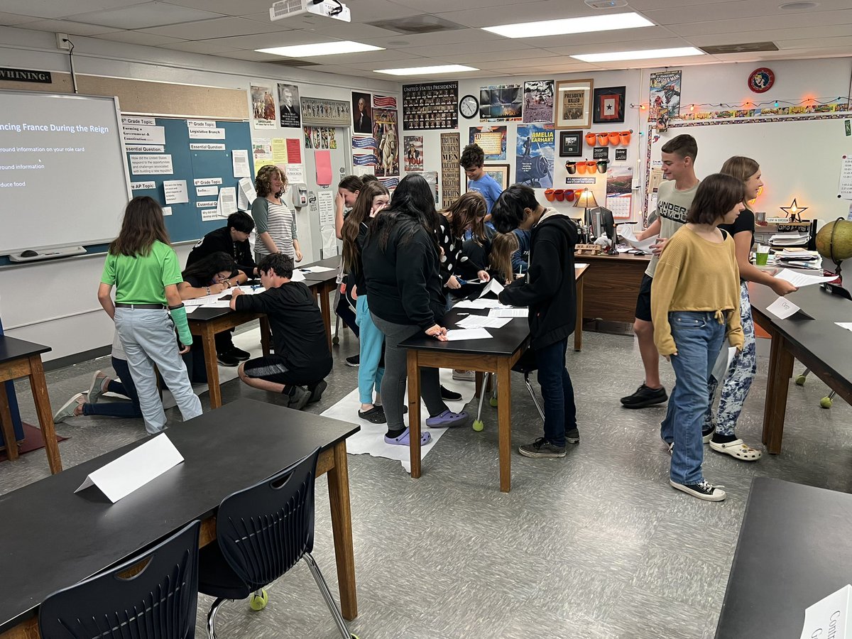 wkmcateer4's tweet photo. Our @DMSTIGERTWEETS Pre-AP World History and Geography students started their study of the French Revolution today, with an experiential activity.  Lots of great work by our Tigers!!!  @chadefrazier @ErikaWiggins16 @BenWhitehouse98 @LivengoodDC @TiffanyMarcel22 https://t.co/AOVeWkNiKf