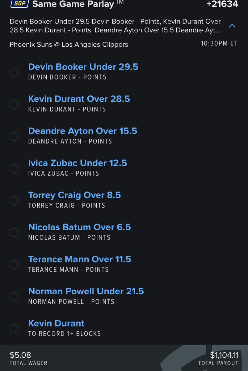 FaluSeck's tweet photo. Tonight’s Yolo Parlay🫡 ( +21634 )

$5 into $1,104 

Whose messing this up👀

#GamblingTwiiter #FanDuel https://t.co/NsAGMdIsvJ