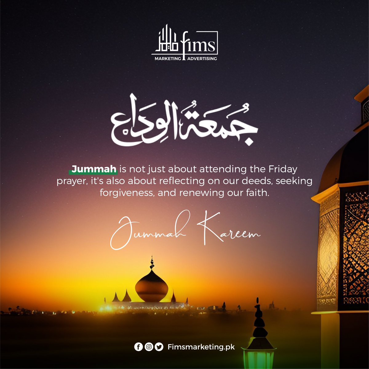 Fimsmarketing1's tweet photo. May the blessings of this Jummah tul wida bring peace, joy, and prosperity to our lives. Let us pray for forgiveness and guidance as we prepare for the end of Ramadan. Jummah Kareem ✨
#jummahtulwida #jummah #ramadan #fimsmarketing #fimsadvertising https://t.co/t08CPOCy0y