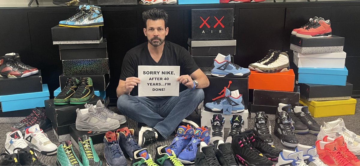 DannyNoelChaves's tweet photo. I saw my first pair of Jordans at 8 but could never dream of affording $75 for a pair of shoes. Over the years my love for the brand grew into hundreds of pairs of shoes. Unfortunately it’s time to move on to a brand that is more aligned with my beliefs. https://t.co/IfP9AajI8f