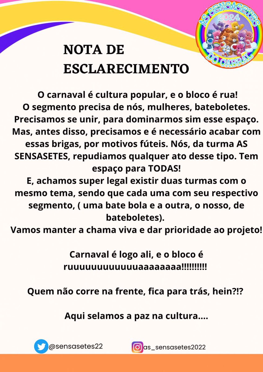 Nota de esclarecimento sobre o ocorrido, presamos pela paz até o fim.. Nossa guerra sempre foi e sempre será com a Ambev! 2024 o bloco é rua, as ursinhas vão estar na pista🥰🐻🌈🎭