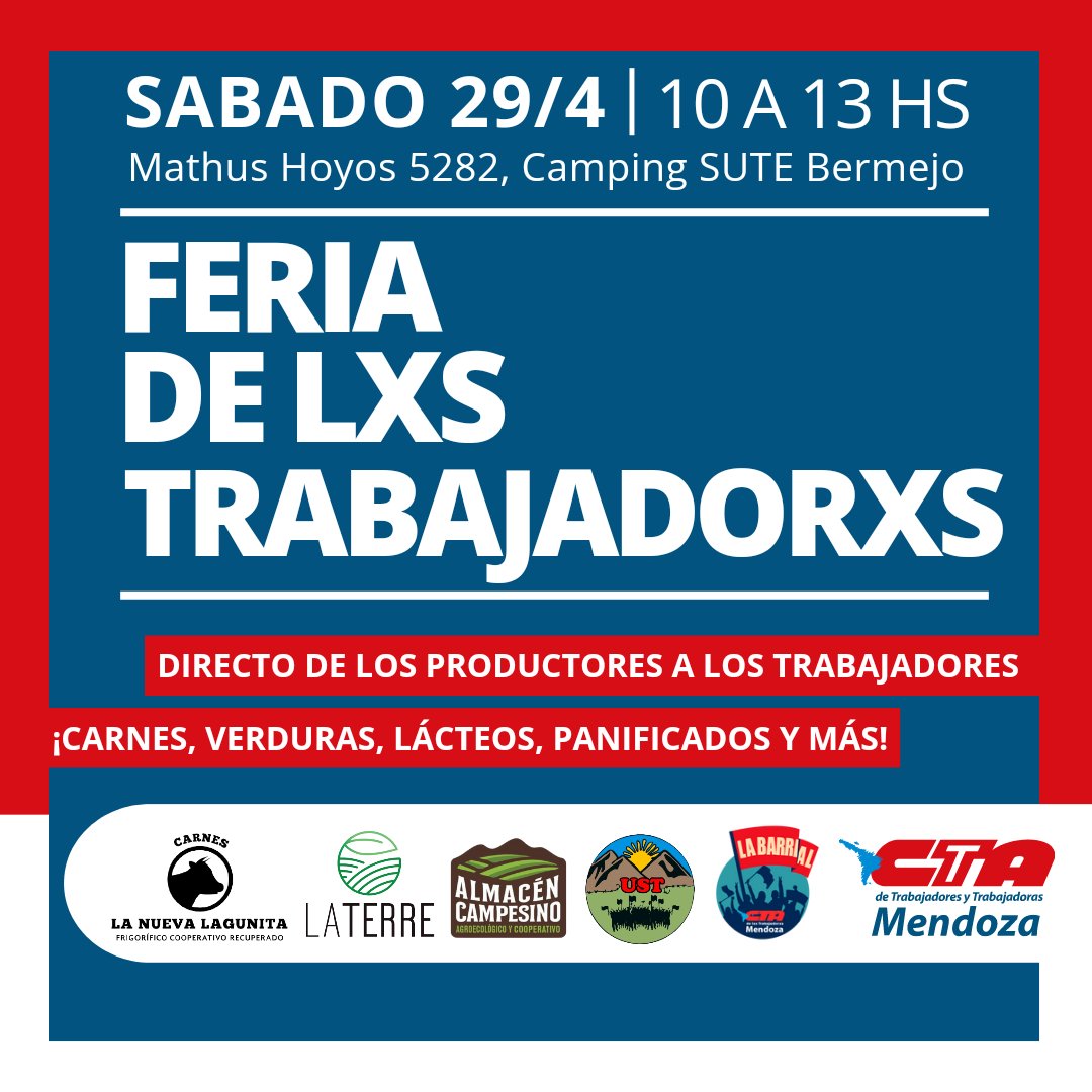 NUEVA FERIA DE LXS TRABAJADORXS

❤️ El próximo sábado 29/4 nos
encontramos en el Camping del SUTE de Bermejo donde lanzaremos una feria con proyectos productivos y cooperativos de la Economía Social de #Mendoza.