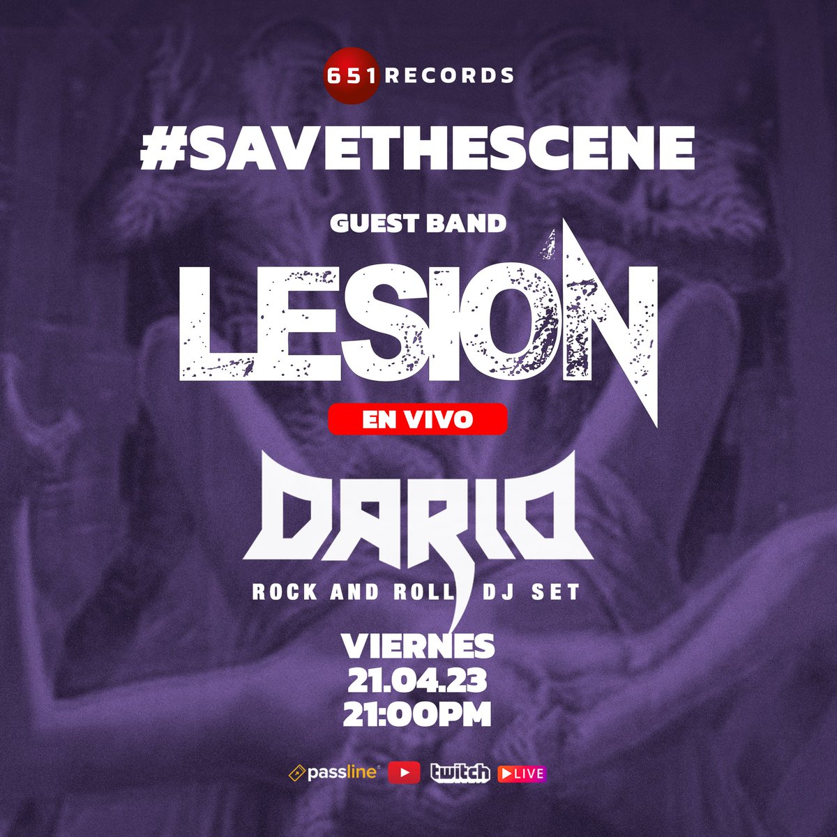 lesionoficial's tweet photo. ¡LESIÓN EN VIVO! Este VIERNES 21 estaremos en los cuarteles de 651 Records tocando un repertorio intenso. Para ser parte de este EN VIVO, pueden adquirir sus pases GRATIS en este link: https://t.co/7YgX6X59rs

Aforo 25 personas #SaveTheEscene https://t.co/0nmkPrrIbF