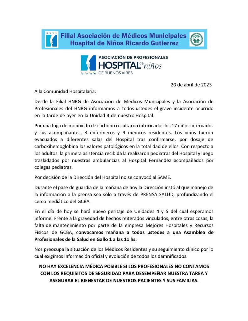 Pacientes y medicxs del Hospital de Niñxs Ricardo Gutierrez (CABA) intoxicadxs el día de ayer con MONÓXIDO DE CARBONO. Se los cuento por acá porque probablemente no salga en ningún lado oficial <a href="/horaciorlarreta/">Larreta</a> <a href="/FernanQuirosBA/">Fernán Quirós</a>
