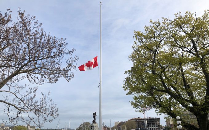 The #BCLeg Canadian flag flies at half-mast until sunset on Sunday, April 23 in support of, and in mourning with, the shíshálh Nation following the confirmation of unmarked graves of children at the site of a former residential school.