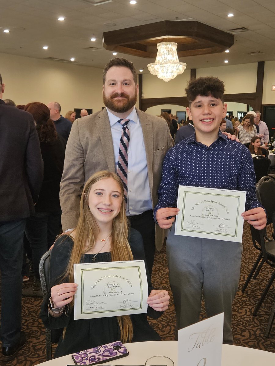 BigHollowMS's tweet photo. So proud to have two of BHMS's finest students, Aubrey and Derrick, recognized at the @ilprincipals IPA breakfast this morning. These two embody all the best characteristics of a Warrior, and couldn't be more deserving. Congratulations! #BHWarriorPride #aim2empower https://t.co/TA2fHFBNwm