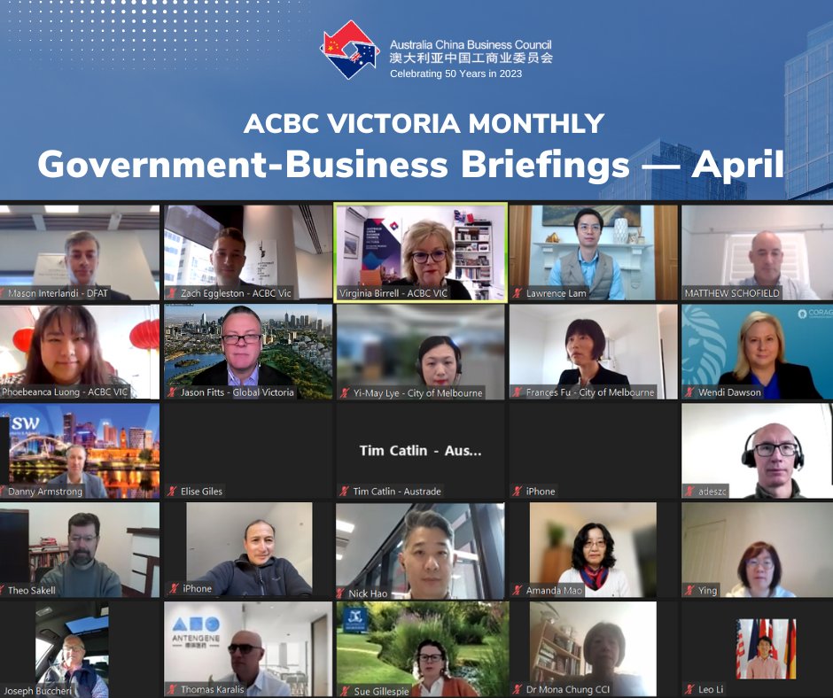 ACBC Victoria hosted the April edition of our virtual monthly Government-Business Morning Briefings with our members at DFAT, Austrade, Global Victoria, and the City of Melbourne. A truly comprehensive, stat-driven and forthright China market update. lnkd.in/g5MXWAkn