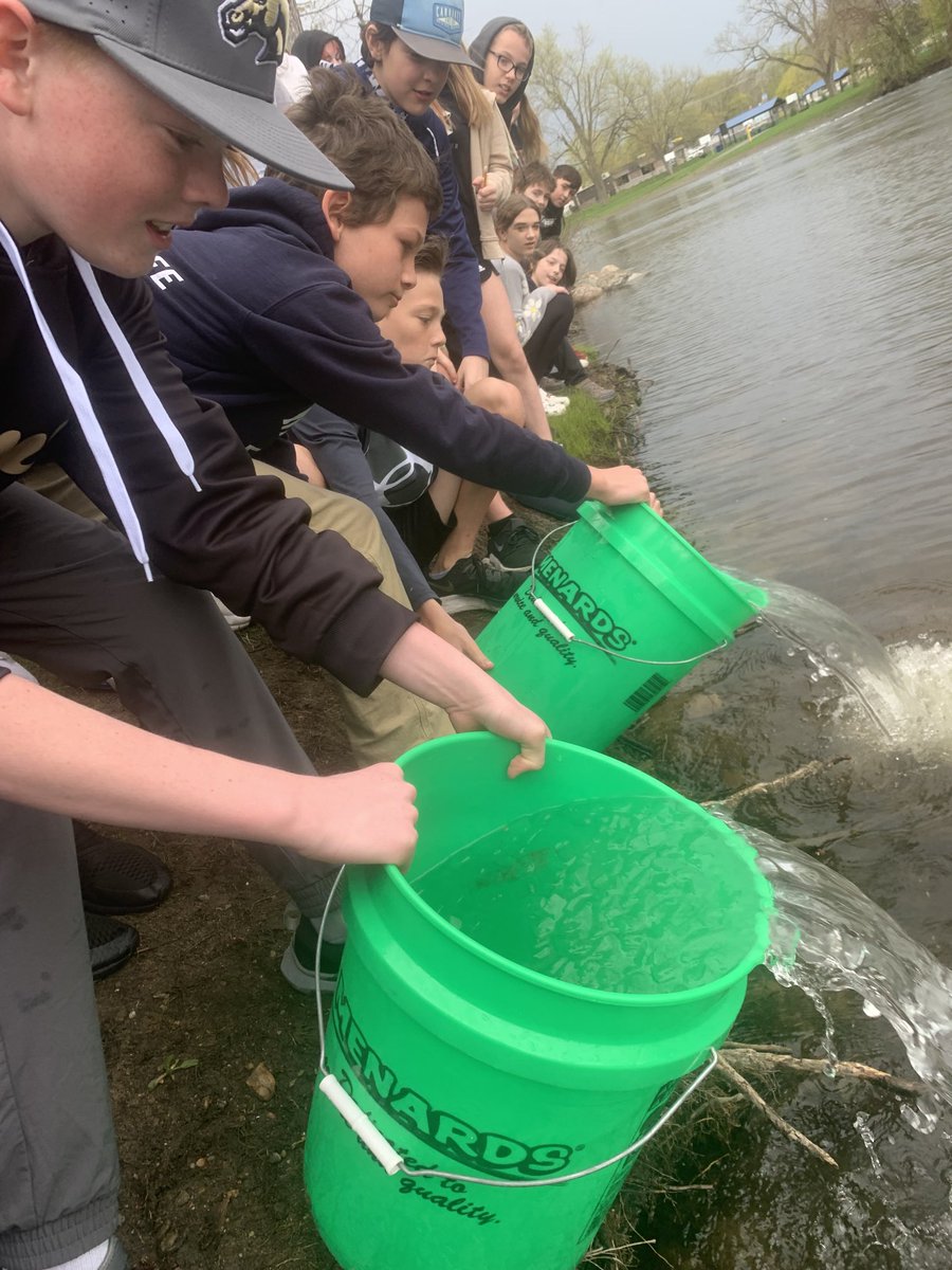 KimClancy7's tweet photo. Salmon Release Field Trip 2023… We completed raising Chinook salmon in the classroom and released them into the Kalamazoo river today then students participated in 8 learning stations. Another great educational day outside!! #glcsMS https://t.co/k56YRCPh1z
