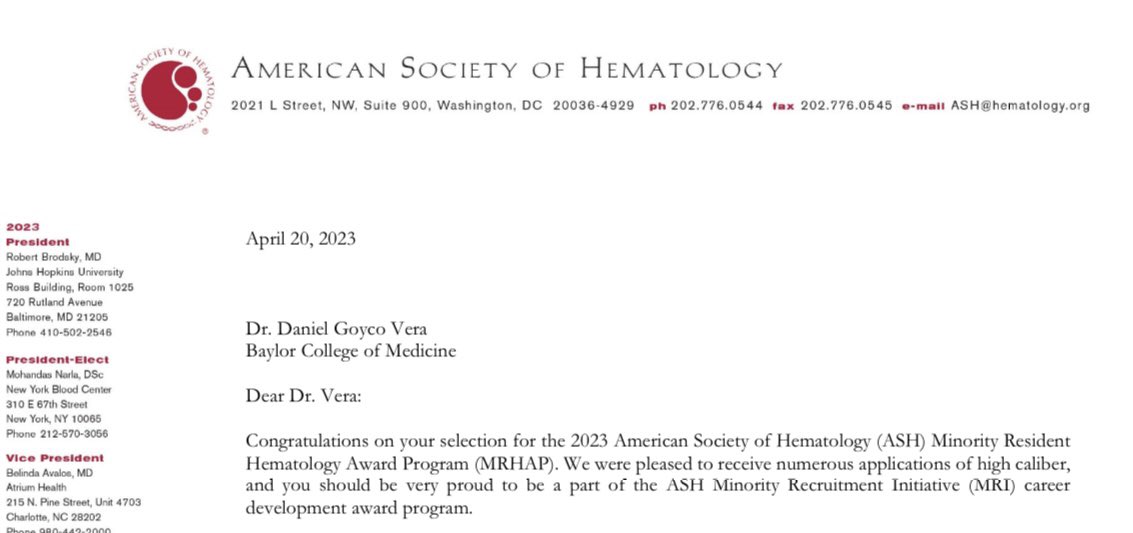 DanielGoycoMed's tweet photo. Excited to announce I was selected for the @ASH_hematology Minority Resident Award! Grateful to Dr. Premal Lulla for his mentorship in this proposal and the @BCM_InternalMed program for all their support. Can’t wait to get started! @CAGTHouston @BCMCancerCenter https://t.co/ysGcyDUzmr