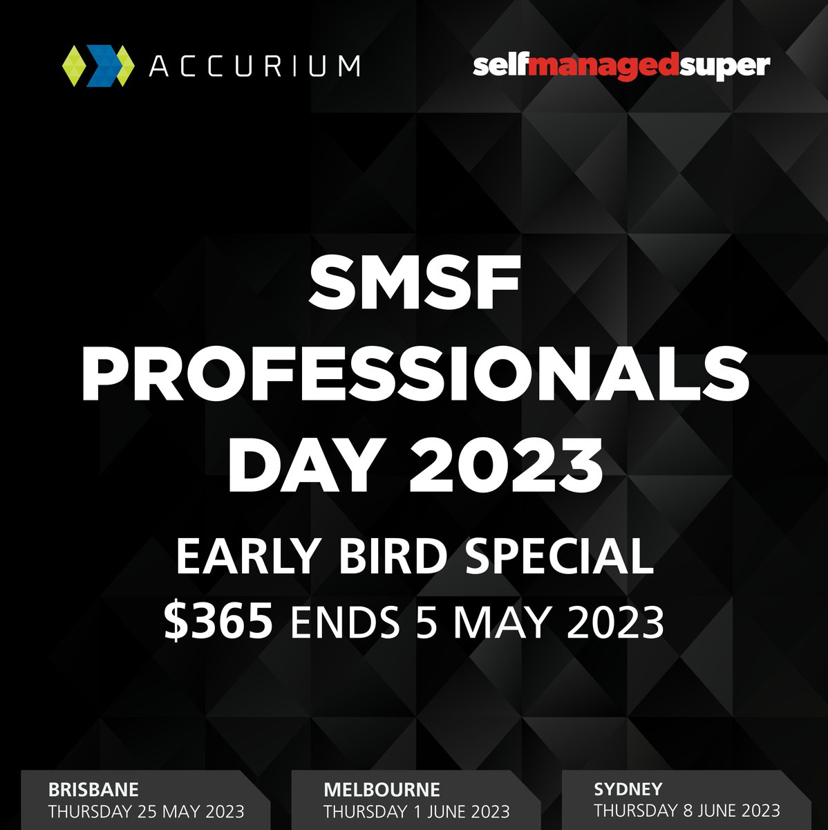 Have you claimed your early bird tickets for SMSF Professionals Day 2023? Save up to $85! Available for a limited time only #SMSFPD

accurium.com.au/smsf-pd-day/