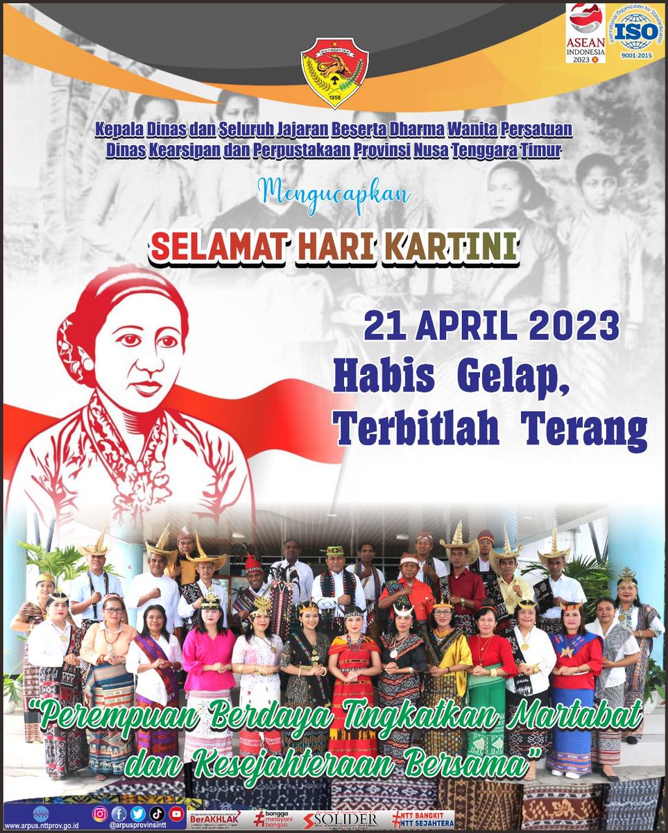 Selamat Hari Kartini untuk semua perempuan Indonesia 🙏 

'Perempuan Berdaya Tingkatkan Martabat dan Kesejahteraan Bersama' 

#Dinarpusprovntt #kartiniday #Kebayakartini #arsiphariini #nttbangkitnttsejahtera