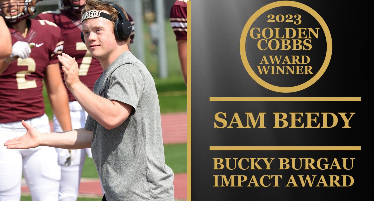 CobberSID's tweet photo. The Bucky Burgau Impact Award goes to Cobber Athletics fixture Sam Beedy. Sam works with the Football and Men's Hockey teams to bring camaraderie, hype and morale. He is also known for his legendary griddy dance. Congratulations, and thank you for all you've done! #GoldenCobbs https://t.co/32kwPvN0Jy