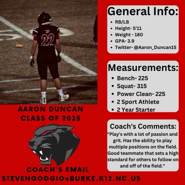 Patton_Panthers's tweet photo. This weeks player spotlight is class of 2025, Aaron Duncan. Aaron’s versatility on the field and leadership skills make him a very valuable player. We can’t wait to see the impact he makes on the field this season! @Aaron_Duncan15 https://t.co/UfDfXIBYpP