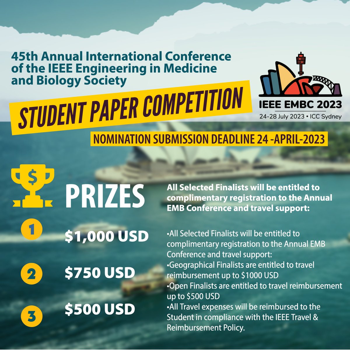 IEEEembs's tweet photo. Nominations are being accepted for the EMBC Student Paper Competition Submission deadline 24 April. https://t.co/A4VVOKDjaN
#EMBC23 #IEEE #StudentPaperCompetition #SPC2023 #EMBStudentAwards #IEEEConference #IEEEStudentMembership https://t.co/WsIcSHPKJo