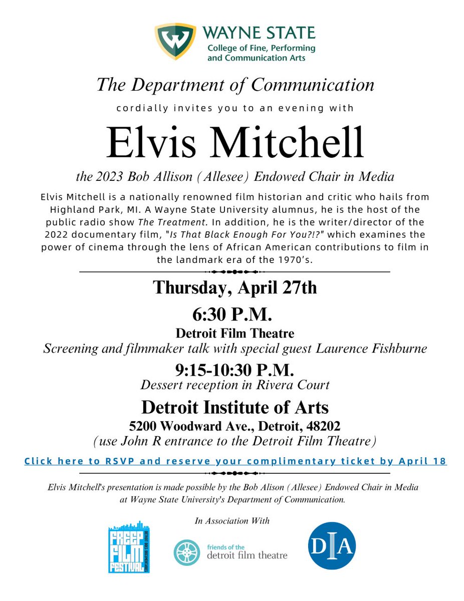 Join us April 27, 6:30 pm @ the DIA for 2023 Allesee Endowed Chair in Media presentation by noted film critic and historian Elvis Mitchell. Please RSVP here rsvp.wayne.edu/2023-allesee-e… @WSU_COM @WayneStateCFPCA @wsuhumanities_ @afamstudies_wsu @WayneGradSchool