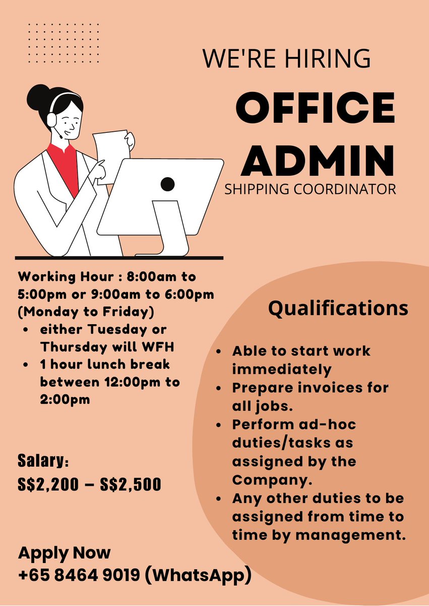 HIRING: Office Admin - Shipping Coordinator Singapore Job Vacancy 🇸🇬 - SG  Job Vacancy For more details, WhatsApp +65 8464 9019  #新加坡招工贴#新加坡工作贴#新加坡打工#打工人#新加坡求职#应届毕业生找工作#
