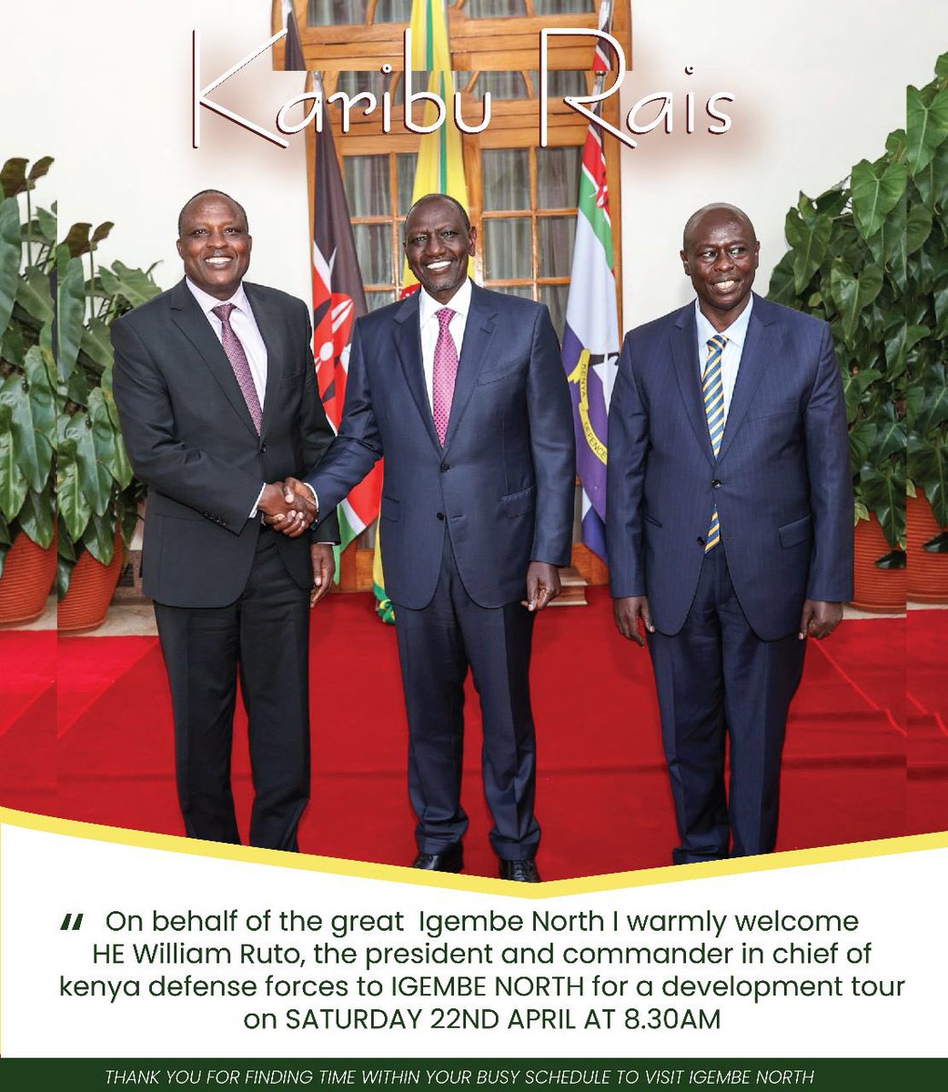 On behalf of INC, I would like to extend a warm welcome to H.E Dr. William Samoei Ruto and H.E Rigathi Gachagua for the upcoming development tour.