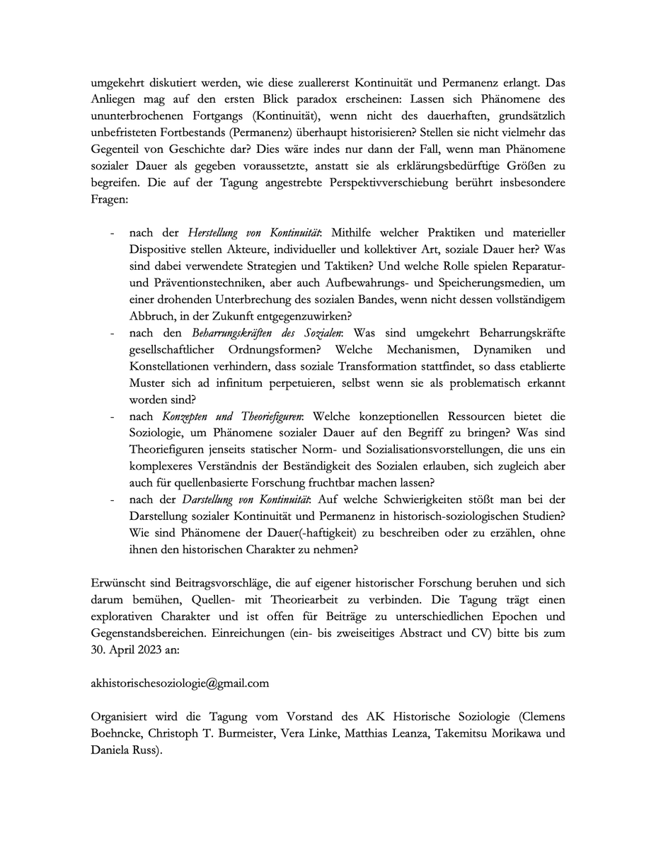 Geplagt von déjà-vus? Noch knapp zehn Tage können Beiträge für die Jahrestagung des AK Historische Soziologie 'Kontinuität und Permanenz: Phänomene sozialer Dauer in Zeiten proklamierten Wandels' eingereicht werden. Alle Infos im Call 👇 <a href="/KultursozDGS/">Sektion Kultursoziologie</a>