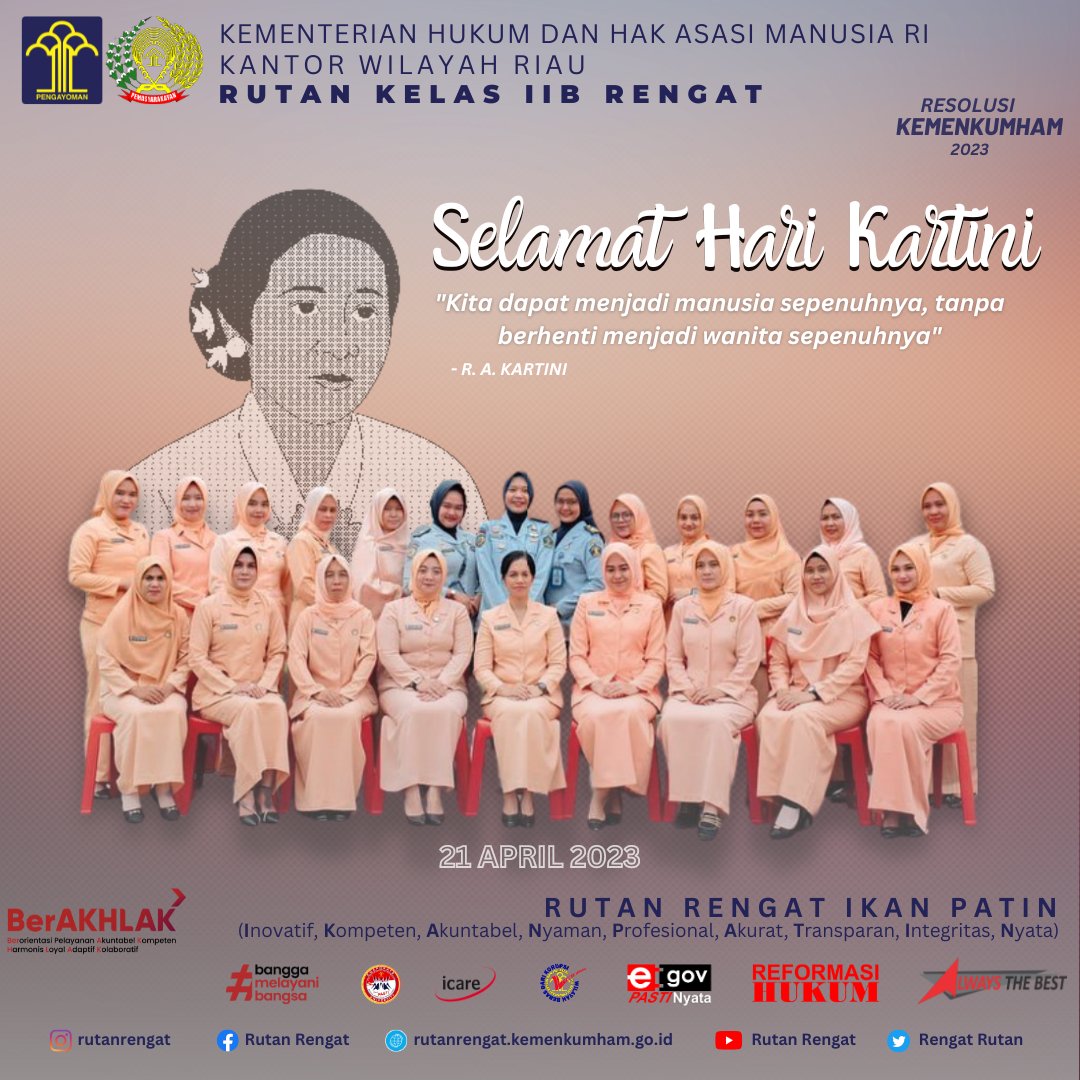 RengatRutan's tweet photo. Segenap keluarga besar Rumah Tahanan Negara Kelas IIB Rengat mengucapkan Selamat memperingati Hari Kartini 21 April 2023
#KemenkumhamRI
#Kemenkumham
#kumhamsemakinpasti
#KumhamPasti
#KanwilKemenkumhamRiau
#Pemasyarakatan
#DitjenPAS
#Divpas
#DivpasRiau
#RiauBedelau
#RutanRengat https://t.co/8uRyiVTP8I