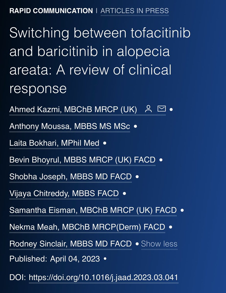 Great to see our 📝 in @JAADjournals shedding light on comparative efficacy of #JAKinhibitors #tofacitinib & #baricitinib in #alopecia areata
More JAK inhibitors coming through. Interesting to see how they compare in inducing #hair regrowth in #alopeciaareata
@DrAhmedKazmi
